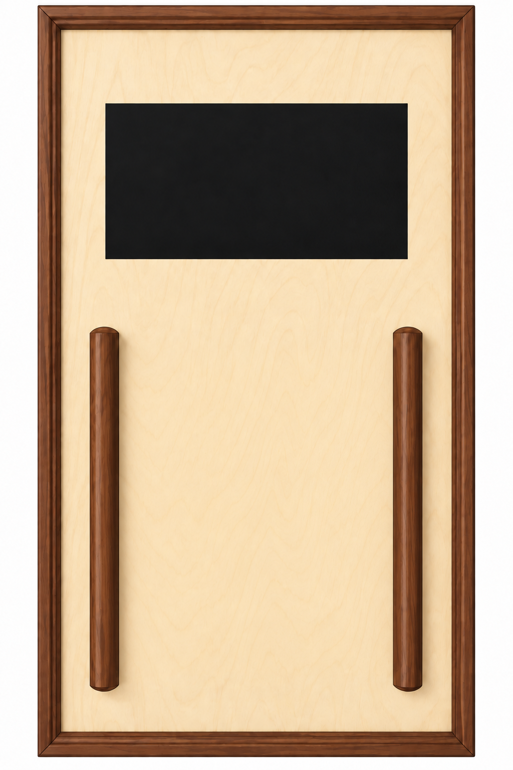 Digital preview of a walnut framed display with an engraved message plate, 12 inches wide by 8 inches tall and your selected belts
