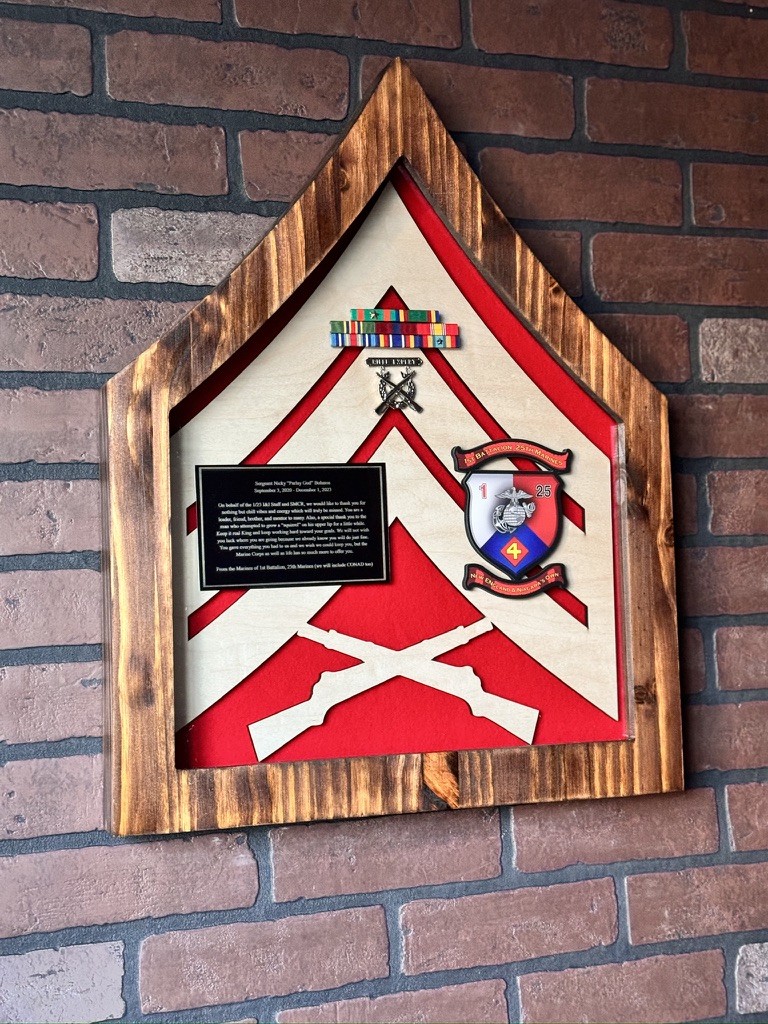 Personalized Marine Sergeant rank shadow box with red and white felt, ribbons, insignia, and a message plate