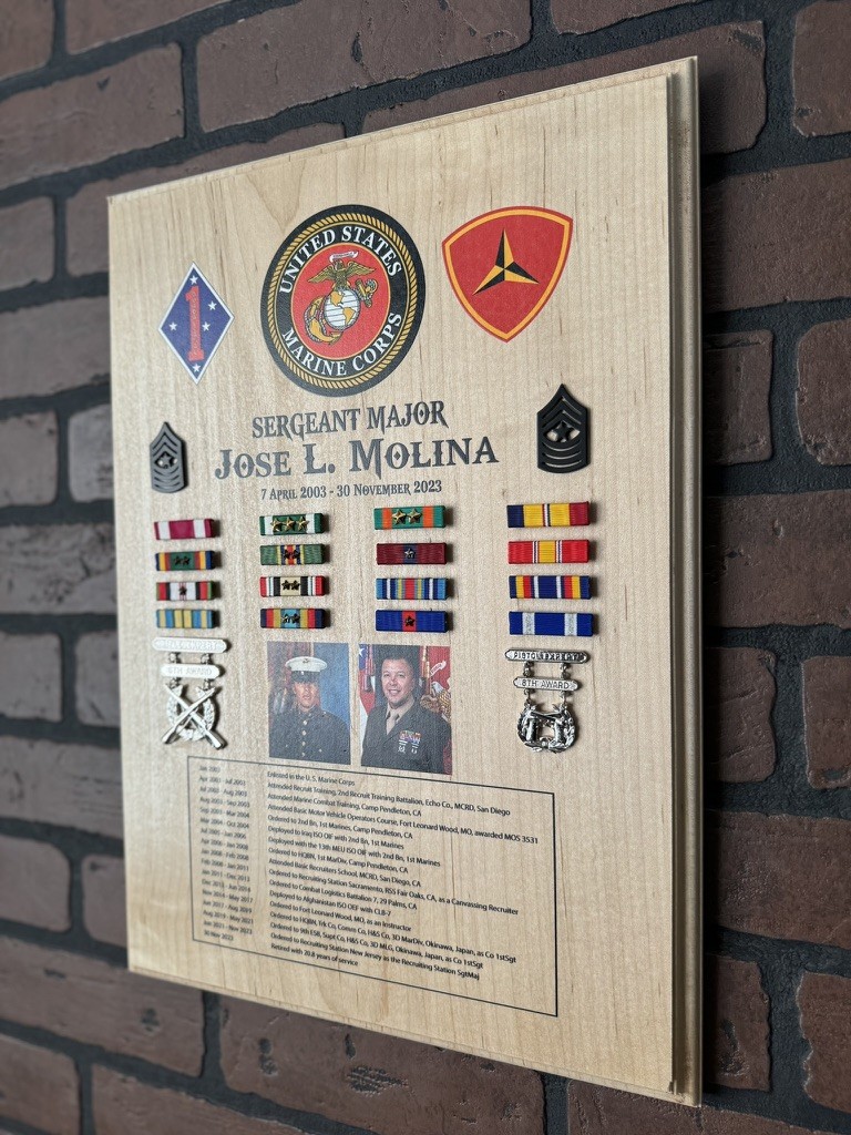 Personalized wood biography award with service history, insignia, photos, and ribbons