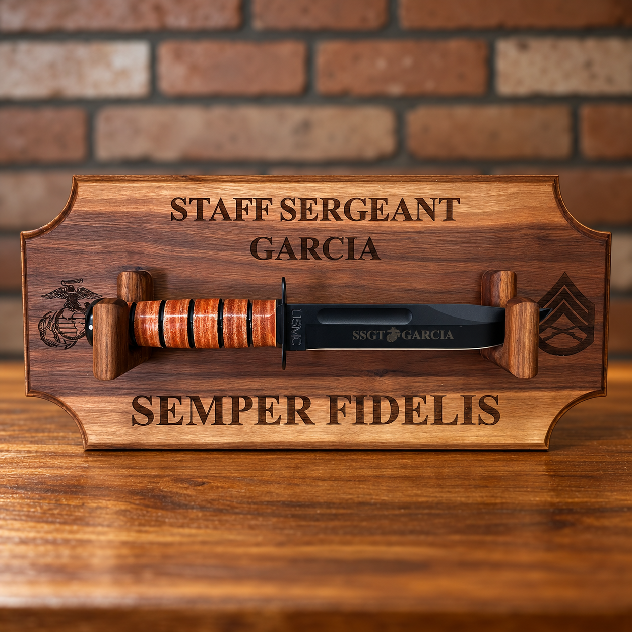 Personalized wooden K-Bar display staged against a brick wall