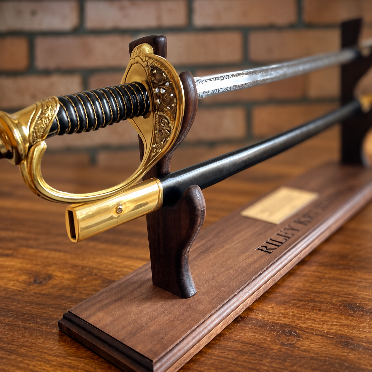 Sword and scabbard on a personalized wooden desk display stand