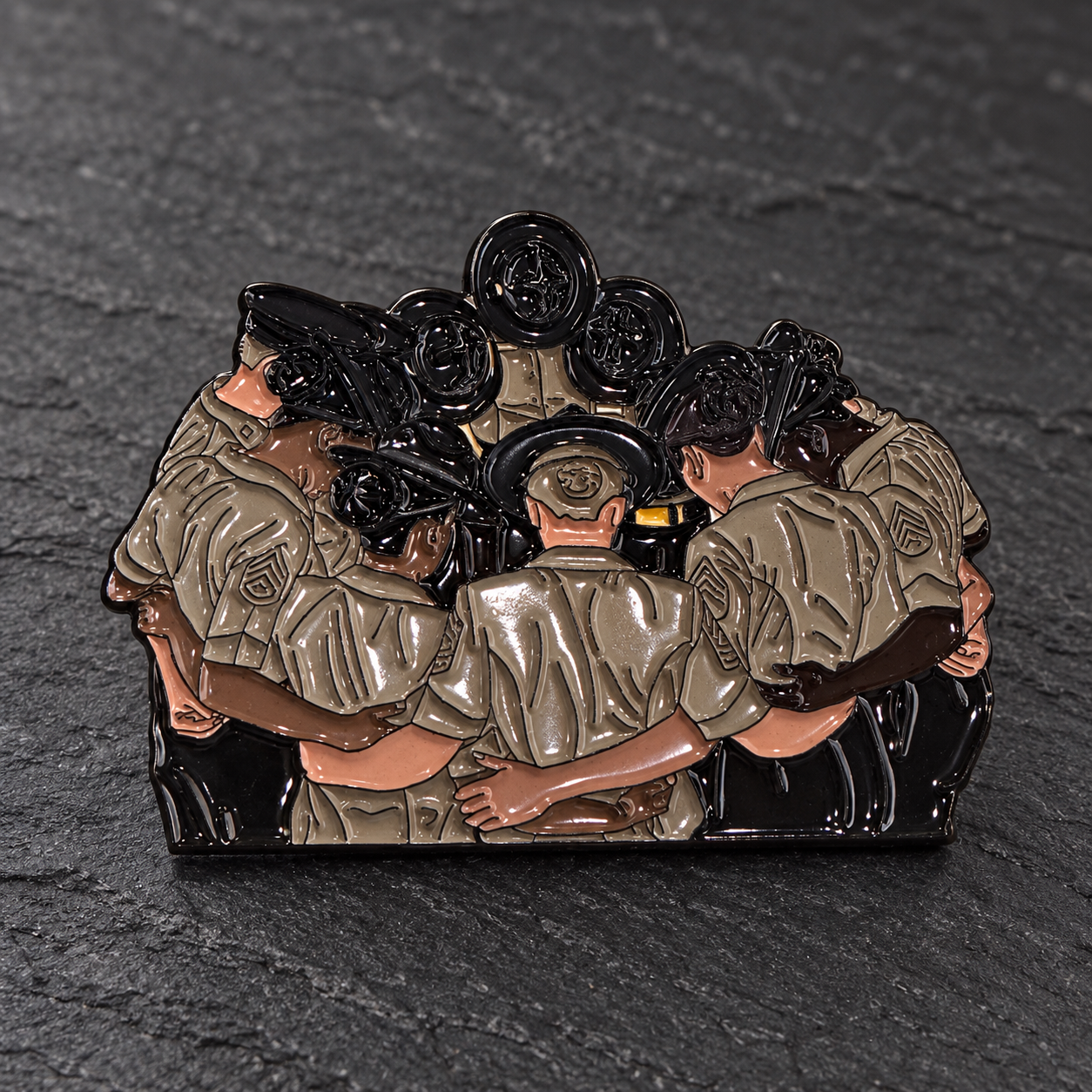 Marine drill instructors in a huddle on a lapel pin
