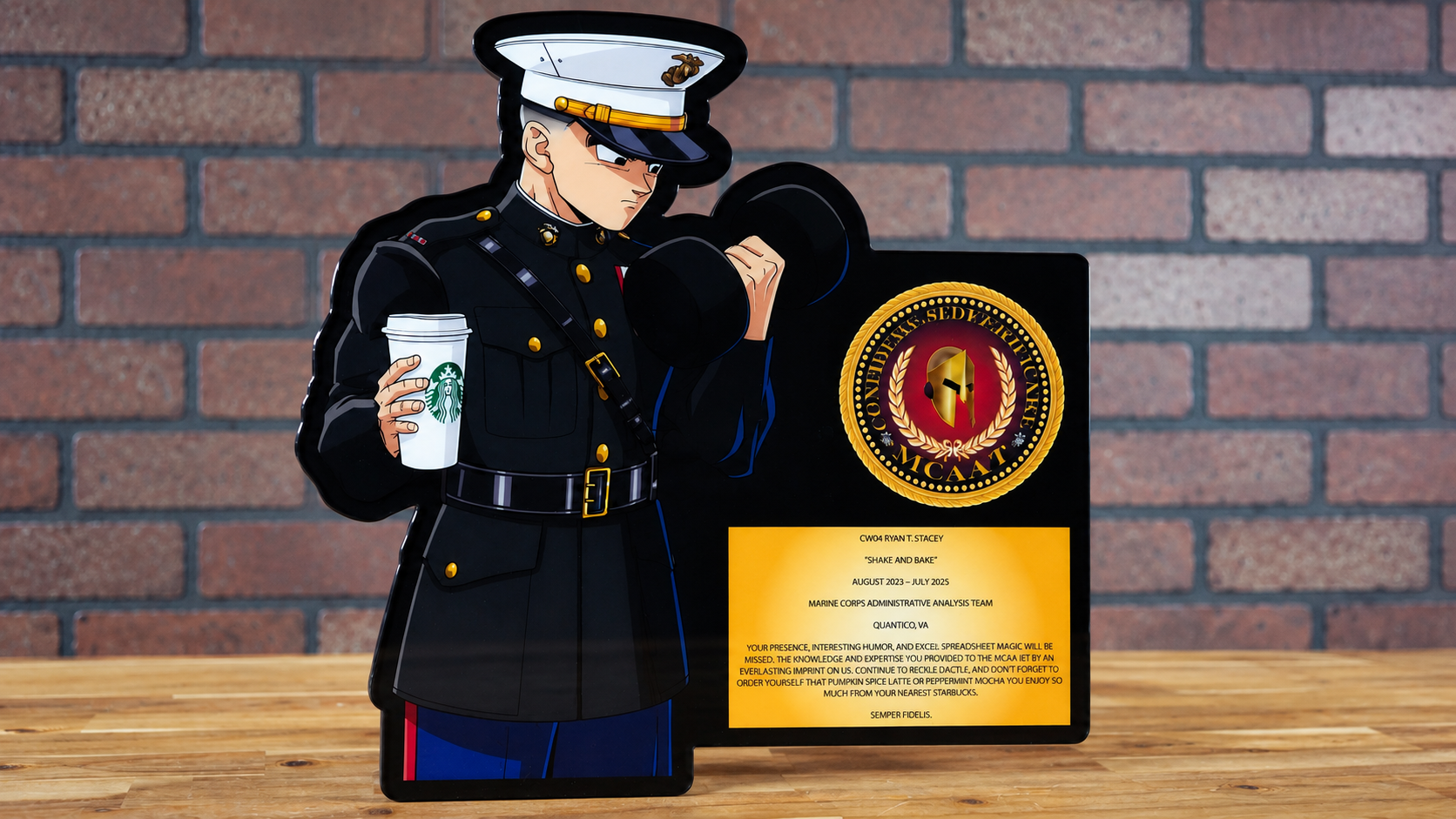 Personalized Marine officer artwork and message on a wood plaque