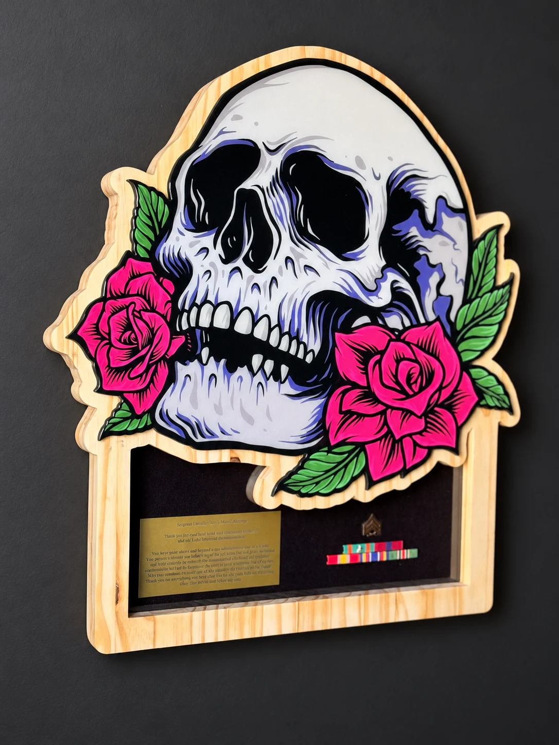 Skull and pink rose shadow box with a wood frame, citation plate and ribbons