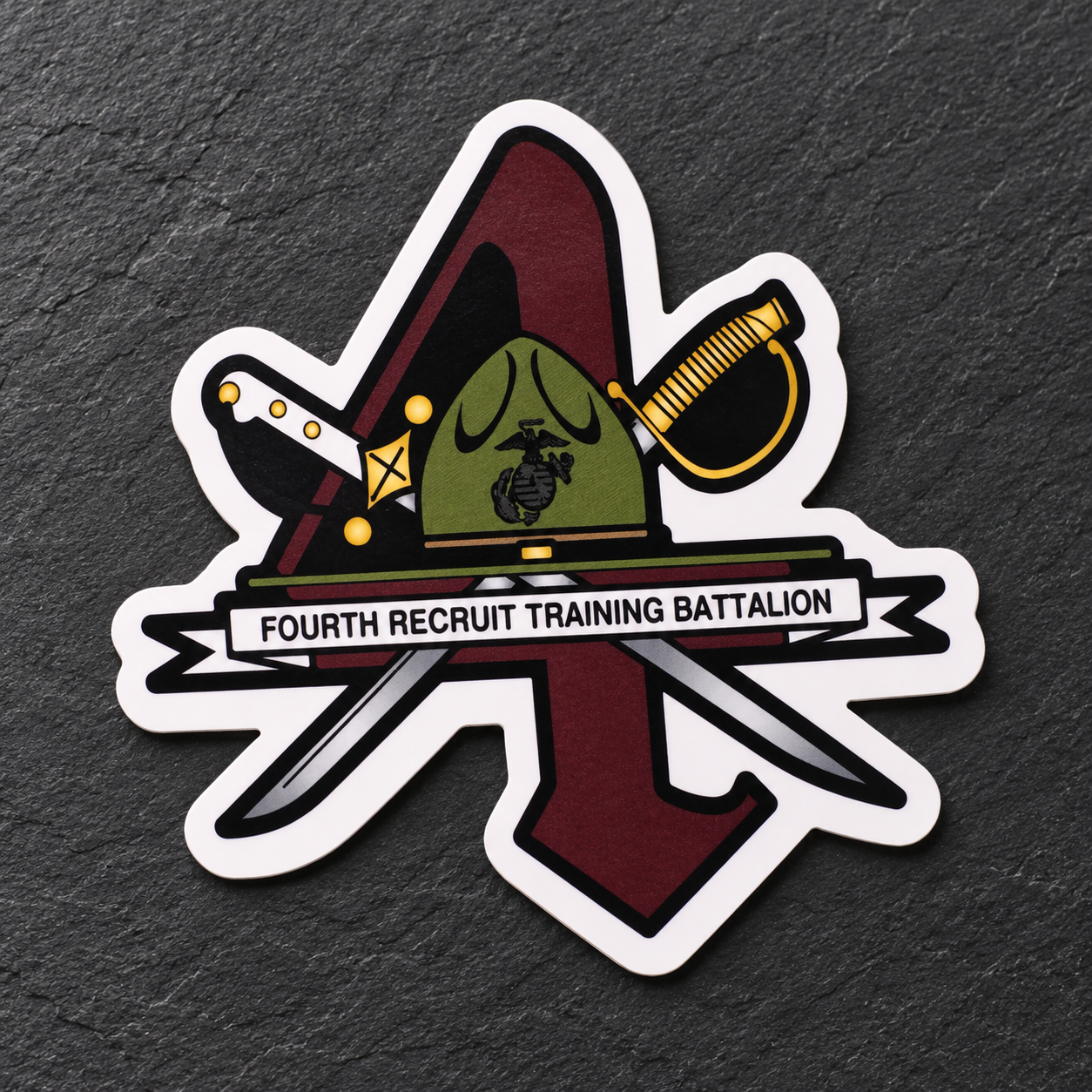 Fourth Recruit Training Battalion die-cut sticker with a burgundy 4, green campaign cover, and crossed swords