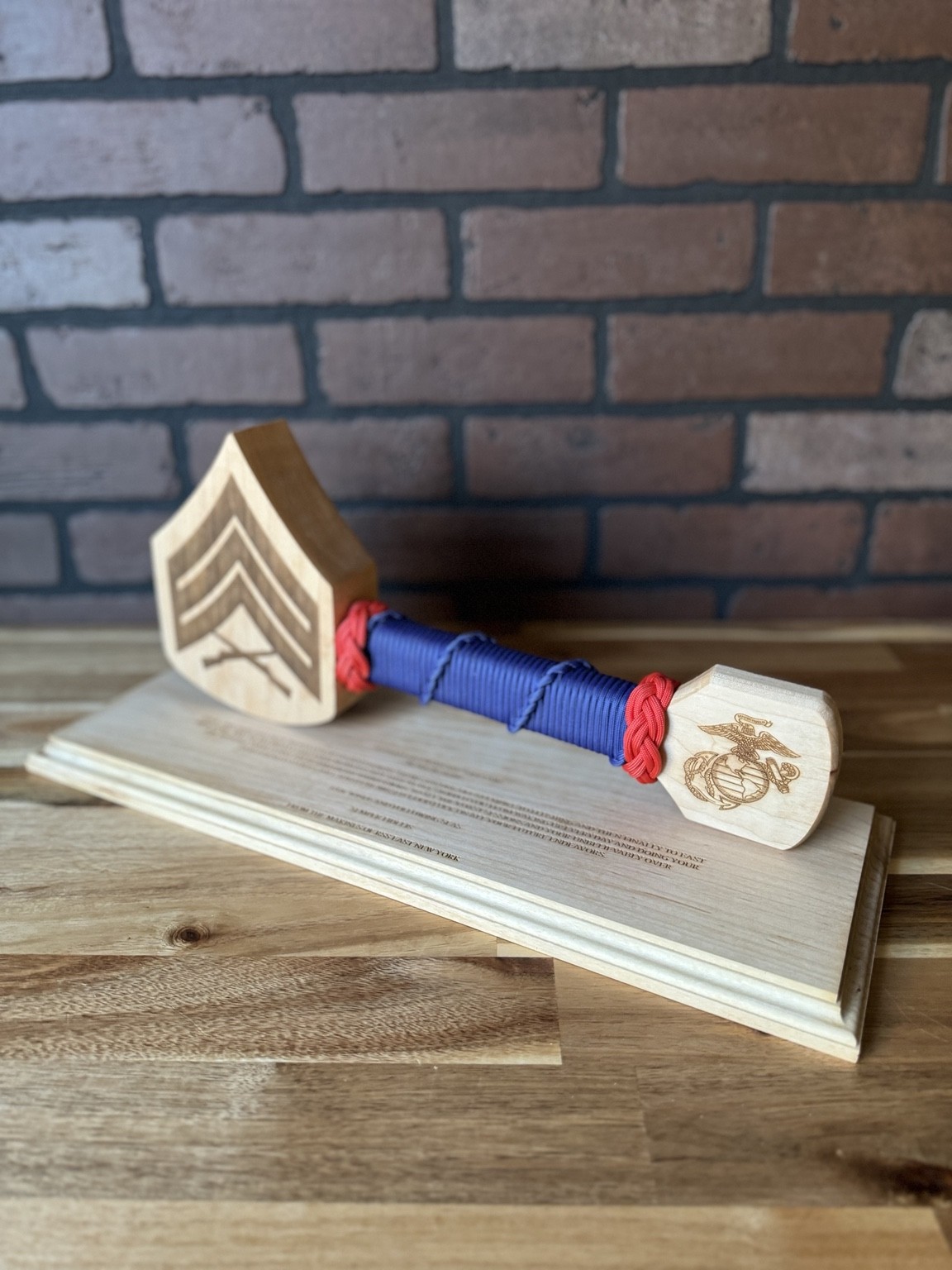 Staff Sergeant rank hammer with personalized message on the base