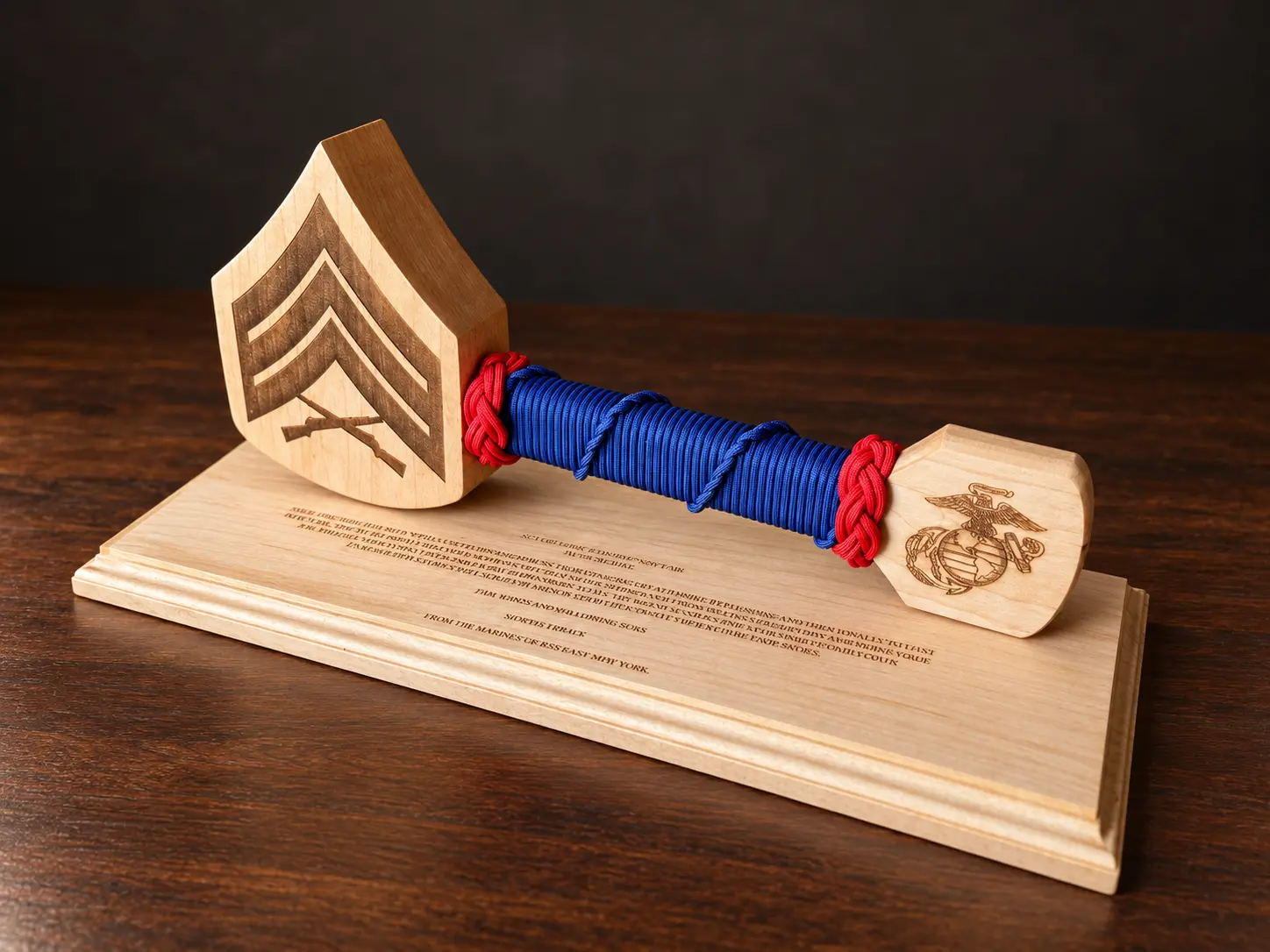 Marine Sergeant rank hammer with blue cord, red braided knots, and an engraved base