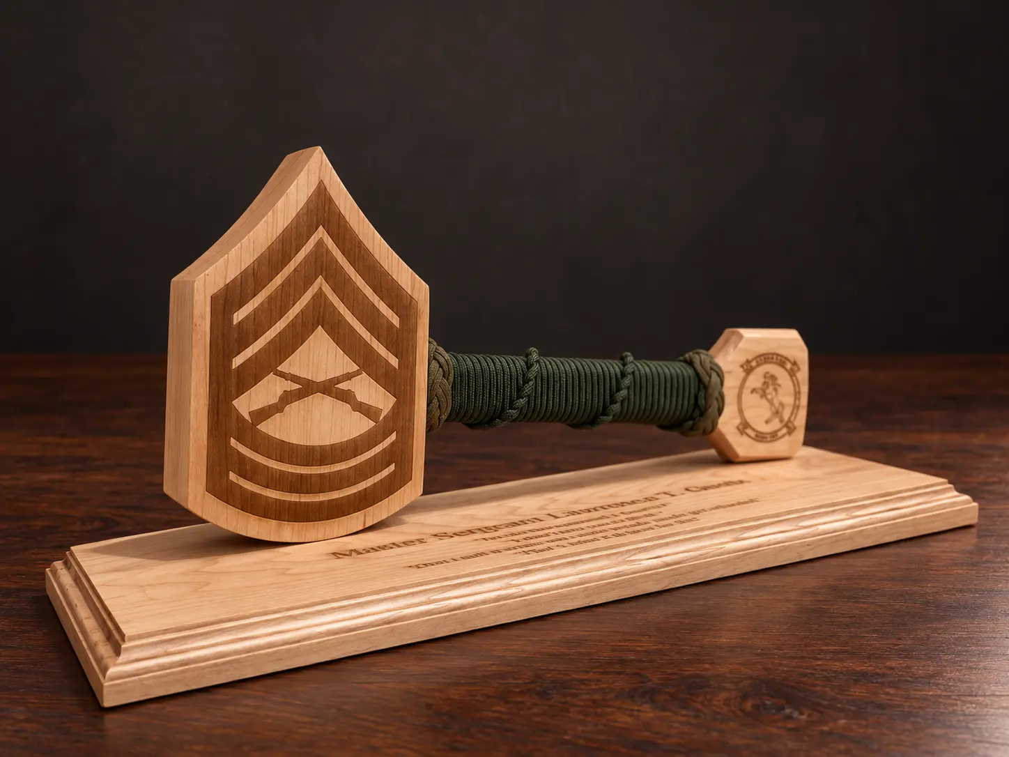 Marine Gunnery Sergeant rank hammer with OD green cord and an engraved base