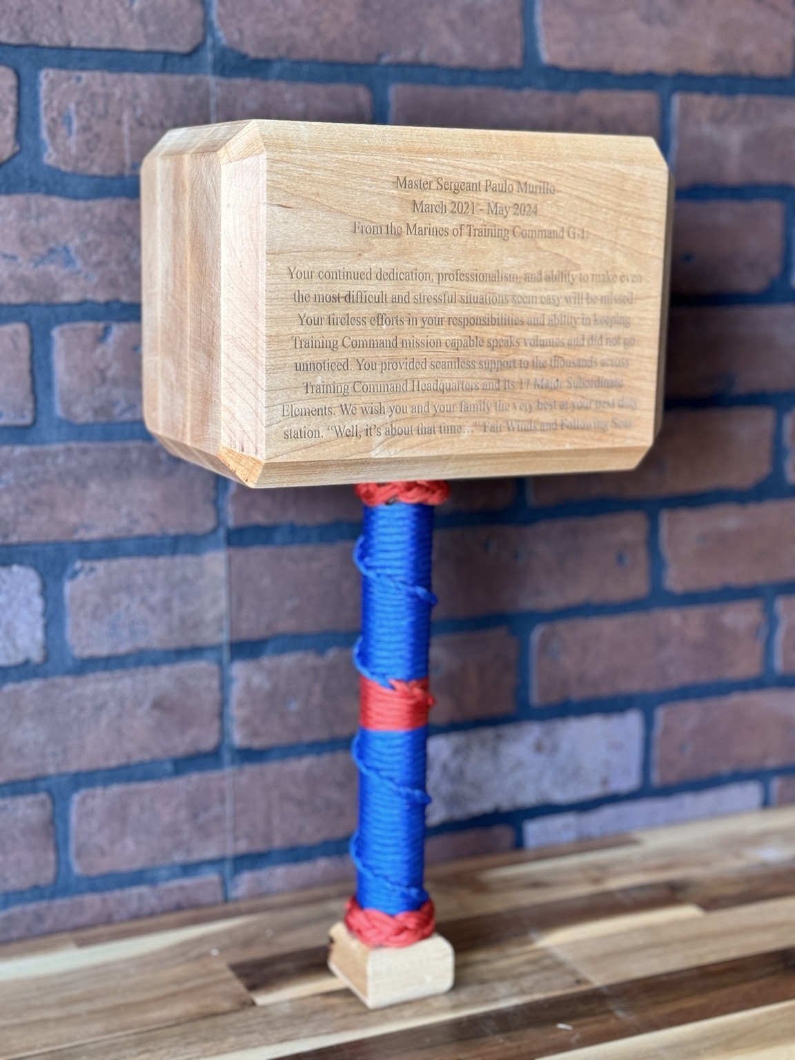 Finished maple Thor hammer with a rope-wrapped handle