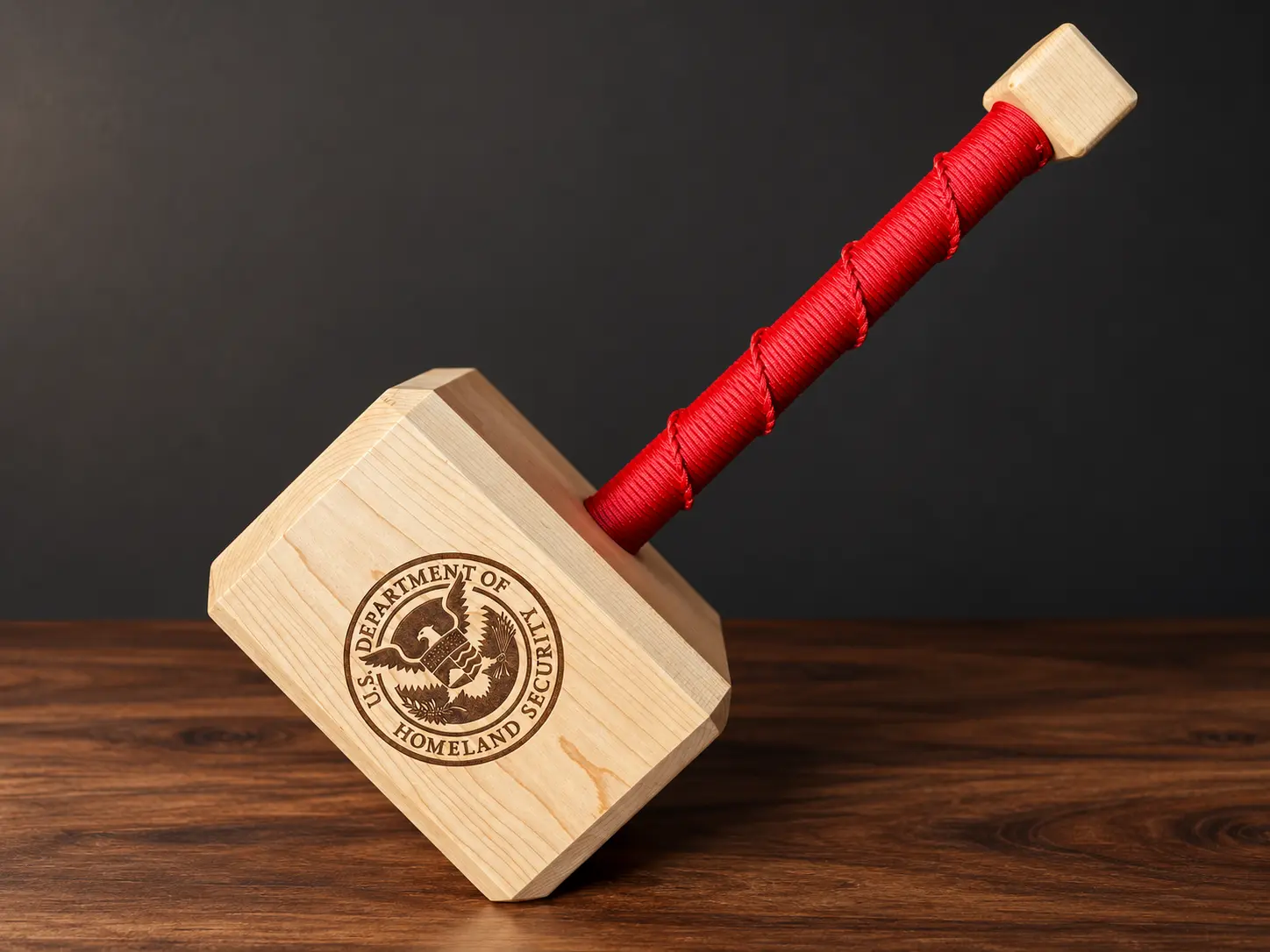 Wooden Thor hammer with the Department of Homeland Security seal and a red rope-wrapped handle